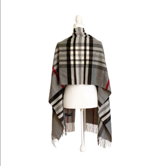 Cashmink V. Fraas Scarf Gray Black Red Checked Wrap 100% Acrylic Hypo Allergenic - Picture 2 of 8